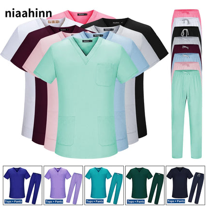 New Women's Scrubs Set V-neck Medical Uniform Short Sleeve Surgical Scrub Uniform Laboratory Work Clothes Dentist Nurse Workwear-KarWorkwear