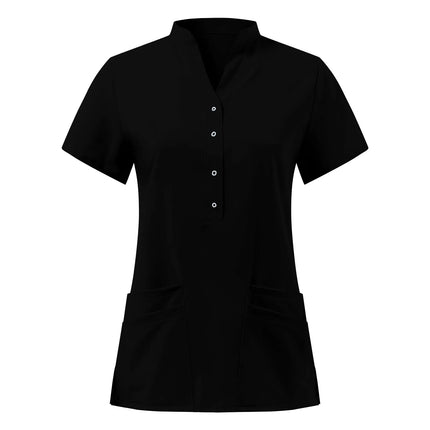 Solid Women Nurse Uniform Scrub Short Sleeve V-neck Button Pocket Tops Nursing Working Medical Uniform Blouse Nurse Accessories-KarWorkwear