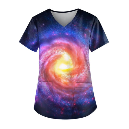 Casual Nurse Uniform Print Women Short Sleeve Tops V-Neck Blouse Shirt Pocket Beauty Care Scrub Uniforms Enfermera Mujer 2024-KarWorkwear