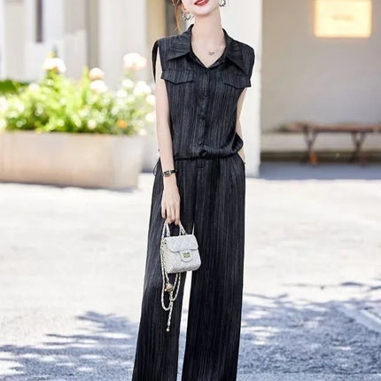 Wear To Work Shirt Ladies Trouser Black Women's Blouse and Pants Two Piece Set Professional Wide Leg Office Baggy Stripe Outfit