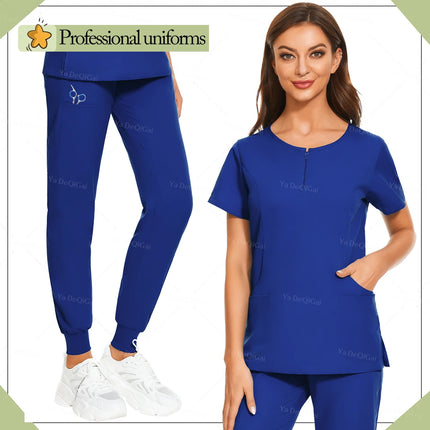 New Medical Surgical Uniforms Woman Scrub Set Beauty Salon Workwear Clinical Scrubs Top Pocket Pants Vet Doctor Zip Nursing Suit-KarWorkwear