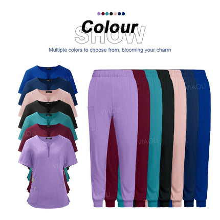 Women Scrub Set Zip-Neck Short Sleeve Scrub Top Pants Sets Nurse Uniforms Medical Nurses Accessories for Hospital Doctor Uniform-KarWorkwear