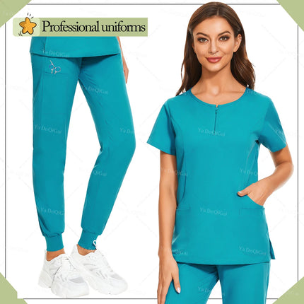 New Medical Surgical Uniforms Woman Scrub Set Beauty Salon Workwear Clinical Scrubs Top Pocket Pants Vet Doctor Zip Nursing Suit-KarWorkwear