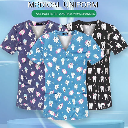 Men's Work Uniform Teeth Print Dentist Comfortable Short Sleeve Scrubs V-Neck Top Clinic Pharmacy Nursing Accessories Blouse New-KarWorkwear