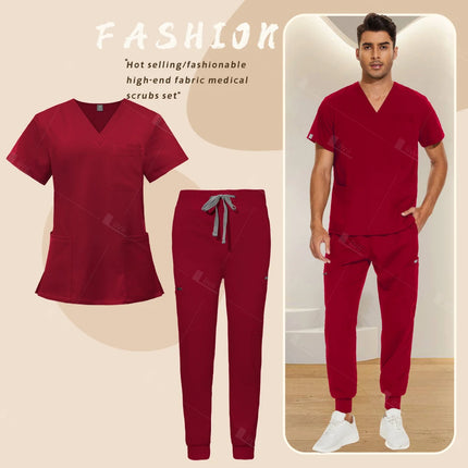 Red Nursing Uniforms Unisex Medical Top Pants Clinical Uniform Men Nursing Clothes Doctor Nurse Scrubs Sets Dentist Vet Workwear-KarWorkwear
