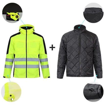 Hi Viz Yellow Workwear Suits for Work in Winter 3 in 1 Hi Vis Workwear Waterproof Jacket with Linner and Working Pants Men Set