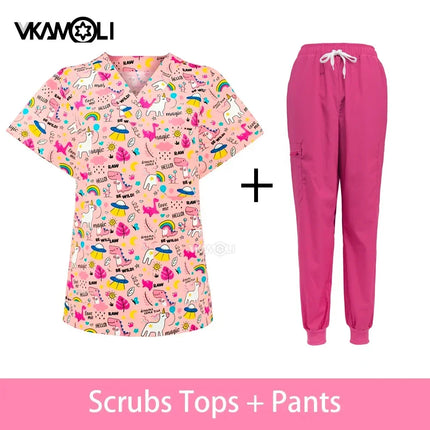 Cat print Pet hospital clinic Dentist lab medical nurse Surgical working Short sleeve Scrub tops +Jogger Pants Doctor uniforms-KarWorkwear