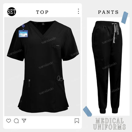 Short Sleeves V Neck Hospital Uniforms Unisex Nurse Uniform Medical Scrubs Set Doctor Surgical Scrubs Nursing Uniform Jogger Set-KarWorkwear