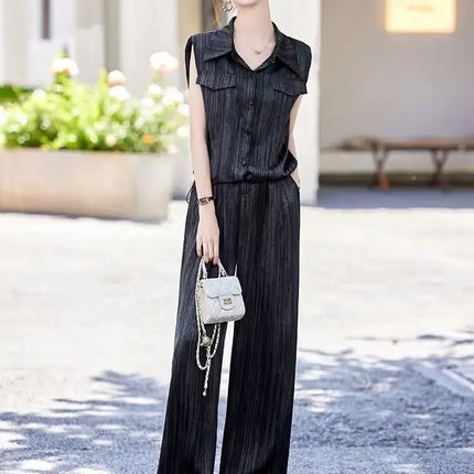 Wear To Work Shirt Ladies Trouser Black Women's Blouse and Pants Two Piece Set Professional Wide Leg Office Baggy Stripe Outfit