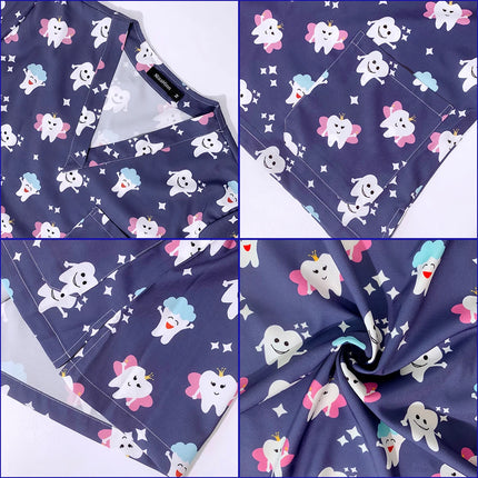 Men's Work Uniform Teeth Print Dentist Comfortable Short Sleeve Scrubs V-Neck Top Clinic Pharmacy Nursing Accessories Blouse New-KarWorkwear