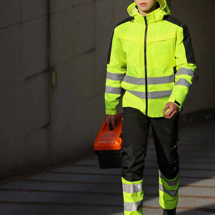 Hi Viz Yellow Workwear Suits for Work in Winter 3 in 1 Hi Vis Workwear Waterproof Jacket with Linner and Working Pants Men Set