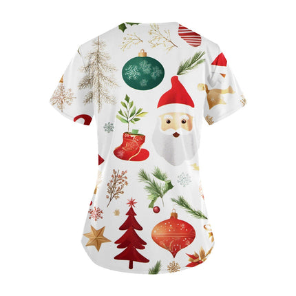 Christmas Nurse Scrubs Tops Women Medical Uniform Santa Claus Print V-Neck Nurse Uniform Hospital Healthcare Spa T-Shirt Blouse-KarWorkwear