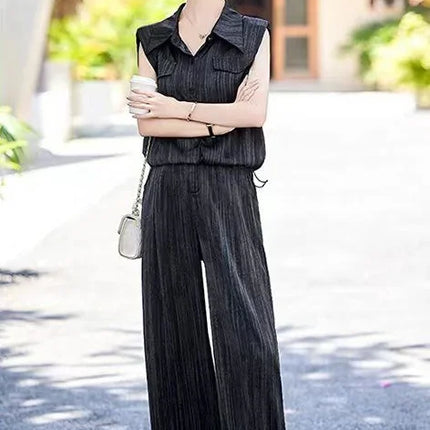 Wear To Work Shirt Ladies Trouser Black Women's Blouse and Pants Two Piece Set Professional Wide Leg Office Baggy Stripe Outfit