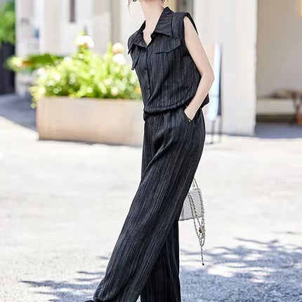Wear To Work Shirt Ladies Trouser Black Women's Blouse and Pants Two Piece Set Professional Wide Leg Office Baggy Stripe Outfit