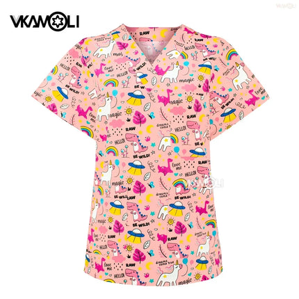 Cat print Pet hospital clinic Dentist lab medical nurse Surgical working Short sleeve Scrub tops +Jogger Pants Doctor uniforms-KarWorkwear