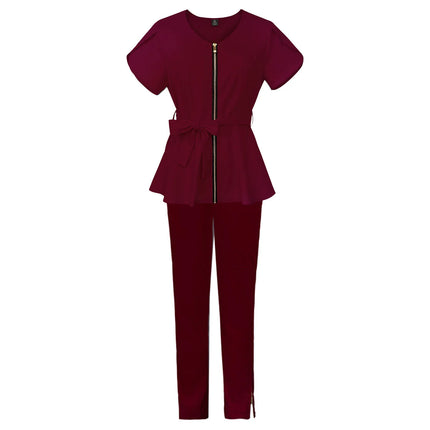 Nurse Uniform Suit Scrubs Uniforms Veterinary Work Clothes Scrub Tops Pants Women Solid Zip Short Sleeve Pockets Carer Uniform-KarWorkwear