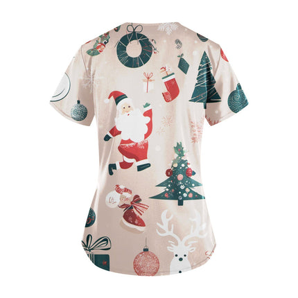 Christmas Nurse Scrubs Tops Women Medical Uniform Santa Claus Print V-Neck Nurse Uniform Hospital Healthcare Spa T-Shirt Blouse-KarWorkwear