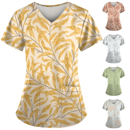2023 Women Nurse Scrub Working Uniforms Pocket T-Shirt Workwear V-Neck Tops For Female Blouse Print Short Sleeve Hospital Mujer-KarWorkwear