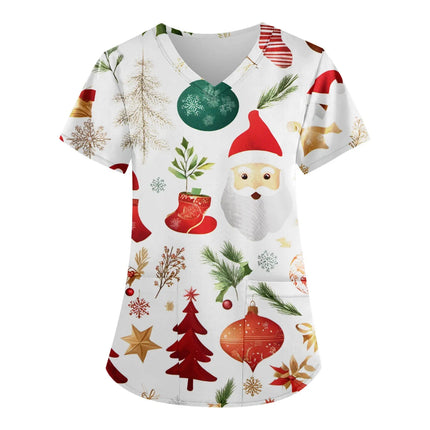 Christmas Nurse Scrubs Tops Women Medical Uniform Santa Claus Print V-Neck Nurse Uniform Hospital Healthcare Spa T-Shirt Blouse-KarWorkwear