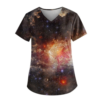 Casual Nurse Uniform Print Women Short Sleeve Tops V-Neck Blouse Shirt Pocket Beauty Care Scrub Uniforms Enfermera Mujer 2024-KarWorkwear