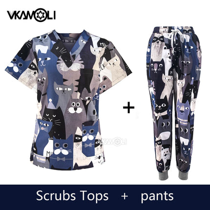 Cat print Pet hospital clinic Dentist lab medical nurse Surgical working Short sleeve Scrub tops +Jogger Pants Doctor uniforms-KarWorkwear