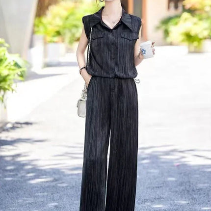 Wear To Work Shirt Ladies Trouser Black Women's Blouse and Pants Two Piece Set Professional Wide Leg Office Baggy Stripe Outfit