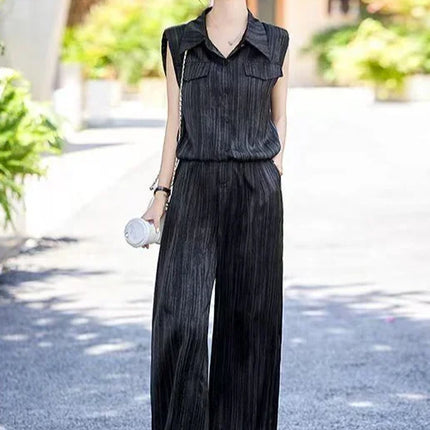 Wear To Work Shirt Ladies Trouser Black Women's Blouse and Pants Two Piece Set Professional Wide Leg Office Baggy Stripe Outfit