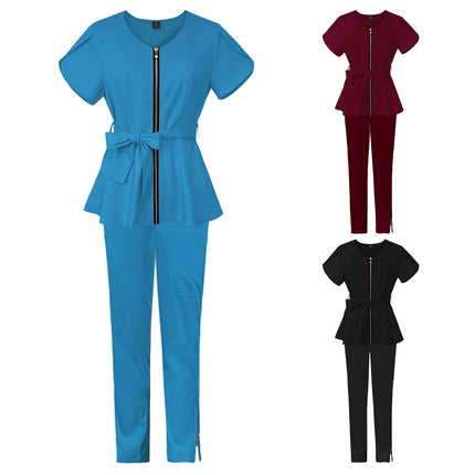 Nurse Uniform Suit Scrubs Uniforms Veterinary Work Clothes Scrub Tops Pants Women Solid Zip Short Sleeve Pockets Carer Uniform-KarWorkwear