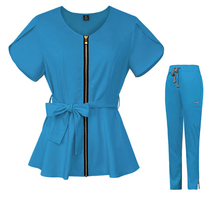 Nurse Uniform Suit Scrubs Uniforms Veterinary Work Clothes Scrub Tops Pants Women Solid Zip Short Sleeve Pockets Carer Uniform-KarWorkwear