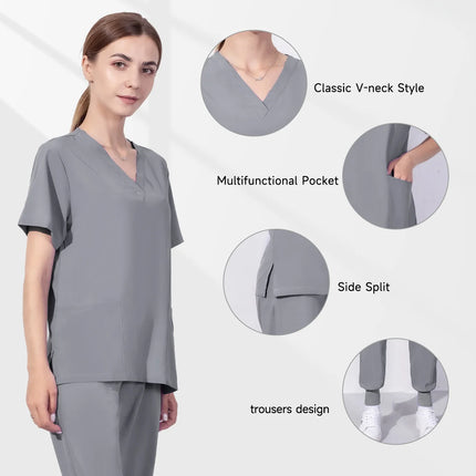 Solid Color Nursing Scrubs Women Uniforms Elasticity Pet Clinic Nurse V-neck Medical Hospital Doctor Working Clothing Wholesale-KarWorkwear