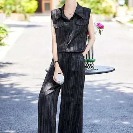 Wear To Work Shirt Ladies Trouser Black Women's Blouse and Pants Two Piece Set Professional Wide Leg Office Baggy Stripe Outfit