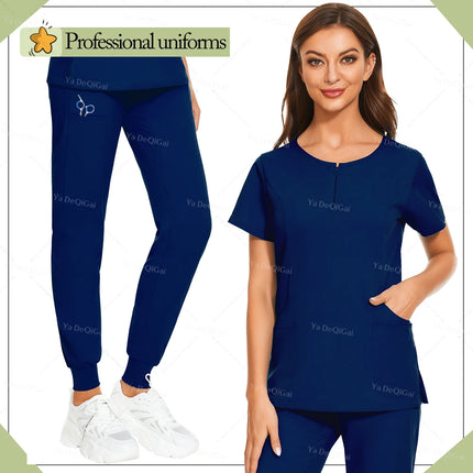 New Medical Surgical Uniforms Woman Scrub Set Beauty Salon Workwear Clinical Scrubs Top Pocket Pants Vet Doctor Zip Nursing Suit-KarWorkwear