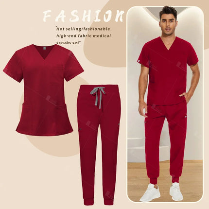 Red Nursing Uniforms Unisex Medical Top Pants Clinical Uniform Men Nursing Clothes Doctor Nurse Scrubs Sets Dentist Vet Workwear-KarWorkwear