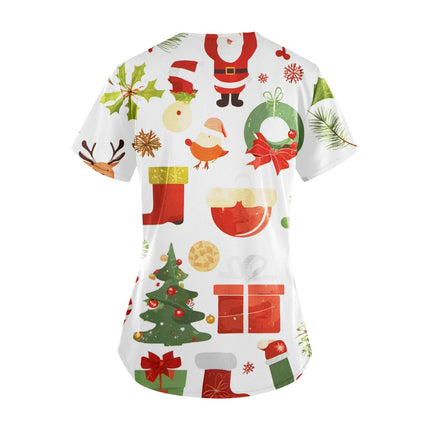 Christmas Nurse Scrubs Tops Women Medical Uniform Santa Claus Print V-Neck Nurse Uniform Hospital Healthcare Spa T-Shirt Blouse-KarWorkwear