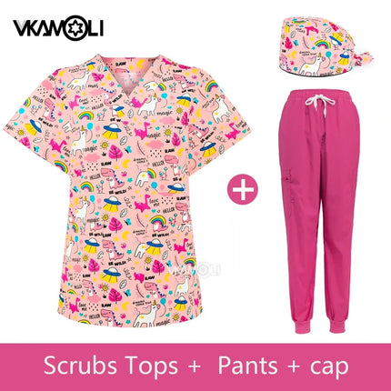 Cat print Pet hospital clinic Dentist lab medical nurse Surgical working Short sleeve Scrub tops +Jogger Pants Doctor uniforms-KarWorkwear