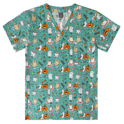 Niaahinn Gray Owl Printing Spa Uniform Women Beauty and Health Scrub Tops Beauty Salon Work Uniform Beauty Salon Scrubs Workwear-KarWorkwear