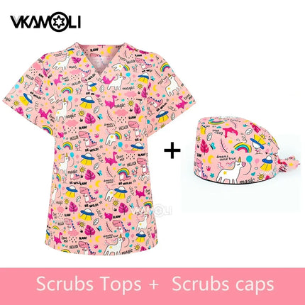 Cat print Pet hospital clinic Dentist lab medical nurse Surgical working Short sleeve Scrub tops +Jogger Pants Doctor uniforms-KarWorkwear