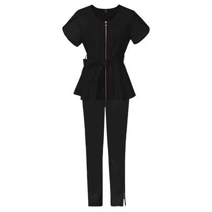 Nurse Uniform Suit Scrubs Uniforms Veterinary Work Clothes Scrub Tops Pants Women Solid Zip Short Sleeve Pockets Carer Uniform-KarWorkwear