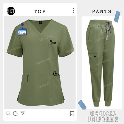 Short Sleeves V Neck Hospital Uniforms Unisex Nurse Uniform Medical Scrubs Set Doctor Surgical Scrubs Nursing Uniform Jogger Set-KarWorkwear