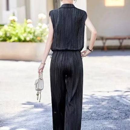 Wear To Work Shirt Ladies Trouser Black Women's Blouse and Pants Two Piece Set Professional Wide Leg Office Baggy Stripe Outfit