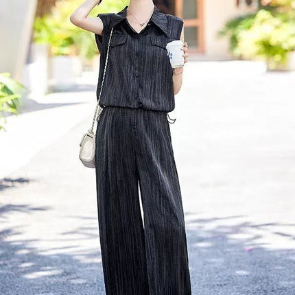 Wear To Work Shirt Ladies Trouser Black Women's Blouse and Pants Two Piece Set Professional Wide Leg Office Baggy Stripe Outfit