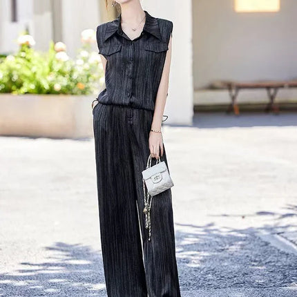 Wear To Work Shirt Ladies Trouser Black Women's Blouse and Pants Two Piece Set Professional Wide Leg Office Baggy Stripe Outfit