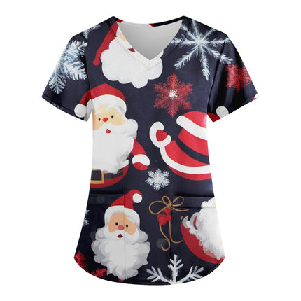 Christmas Nurse Scrubs Tops Women Medical Uniform Santa Claus Print V-Neck Nurse Uniform Hospital Healthcare Spa T-Shirt Blouse-KarWorkwear