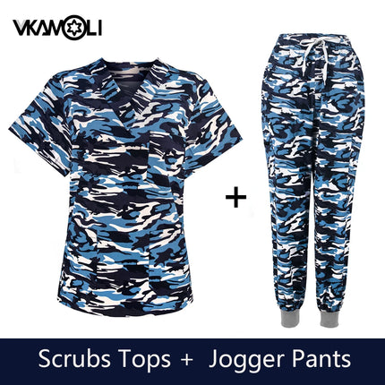 Cat print Pet hospital clinic Dentist lab medical nurse Surgical working Short sleeve Scrub tops +Jogger Pants Doctor uniforms-KarWorkwear