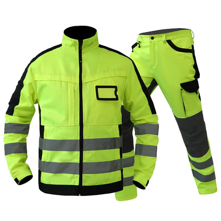 Hi Viz Yellow Workwear Suits for Work in Winter 3 in 1 Hi Vis Workwear Waterproof Jacket with Linner and Working Pants Men Set
