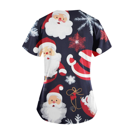 Christmas Nurse Scrubs Tops Women Medical Uniform Santa Claus Print V-Neck Nurse Uniform Hospital Healthcare Spa T-Shirt Blouse-KarWorkwear