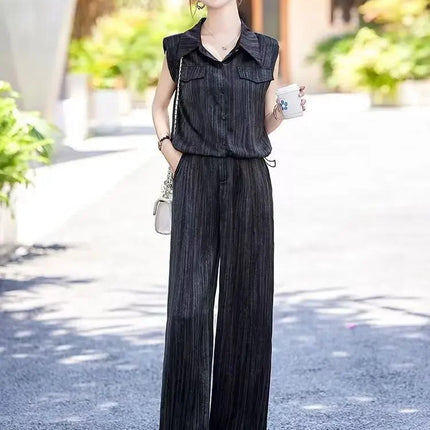 Wear To Work Shirt Ladies Trouser Black Women's Blouse and Pants Two Piece Set Professional Wide Leg Office Baggy Stripe Outfit