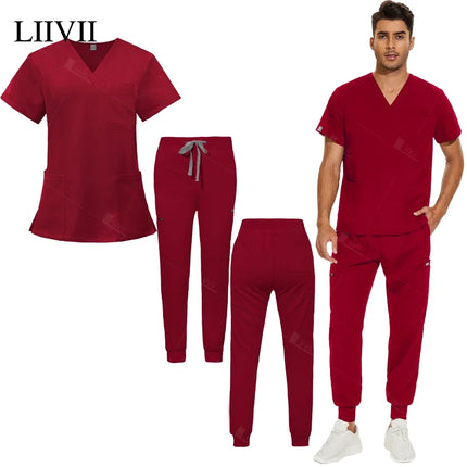 Red Nursing Uniforms Unisex Medical Top Pants Clinical Uniform Men Nursing Clothes Doctor Nurse Scrubs Sets Dentist Vet Workwear-KarWorkwear