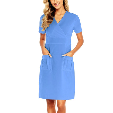 Nurse Uniform Dress Womens Short Sleeve Pharmacy Working Uniform Dress Medical Care Women Casual Nursing Scrubs Spa Dresses-KarWorkwear