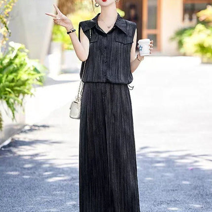 Wear To Work Shirt Ladies Trouser Black Women's Blouse and Pants Two Piece Set Professional Wide Leg Office Baggy Stripe Outfit